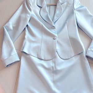All silk, all lined,  ice /baby blue , jacket/skirt suit lace collar  and cuffs!